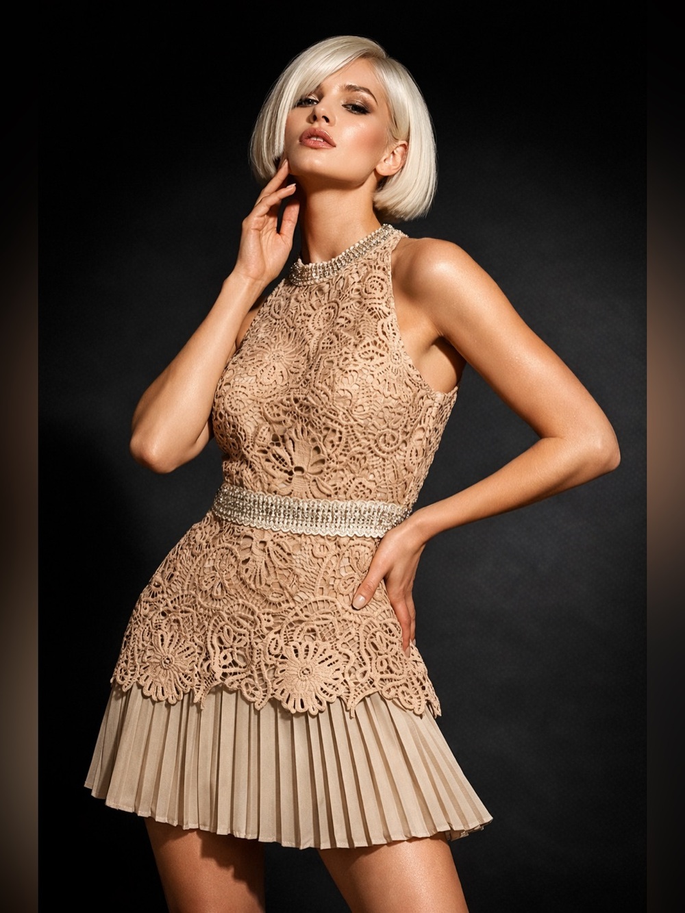 Tan pleated lace dainty cocktail mini dress